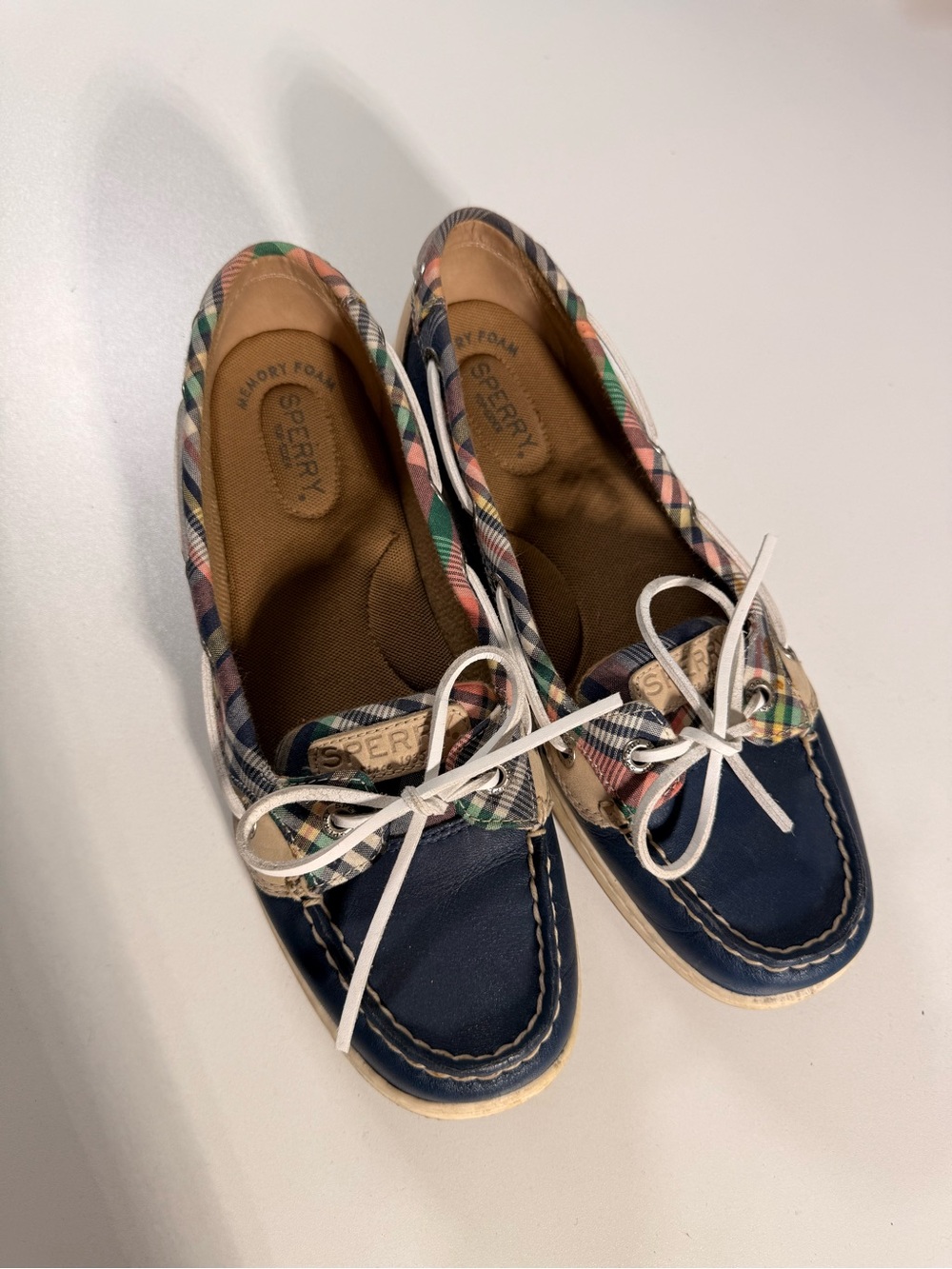 Sperry Navy Leather Boat Shoes with Multicolor Plaid Trim